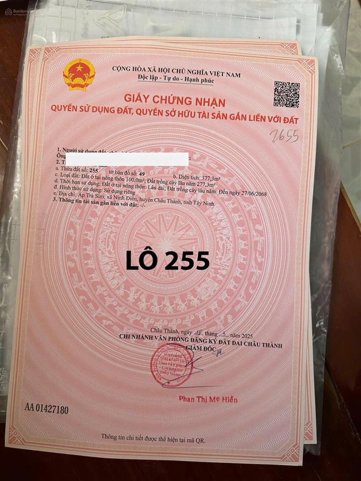 Chinh chu bán chỉ 720tr có 377m2 lô đất mặt tiền tỉnh lộ 796 ninh điền, châu thành, tây ninh