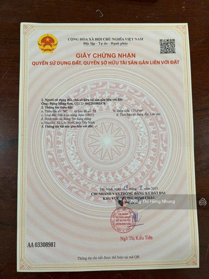 290tr, 5x25m full thổ cư, lộc ninh, tây ninh, đường 6m thông