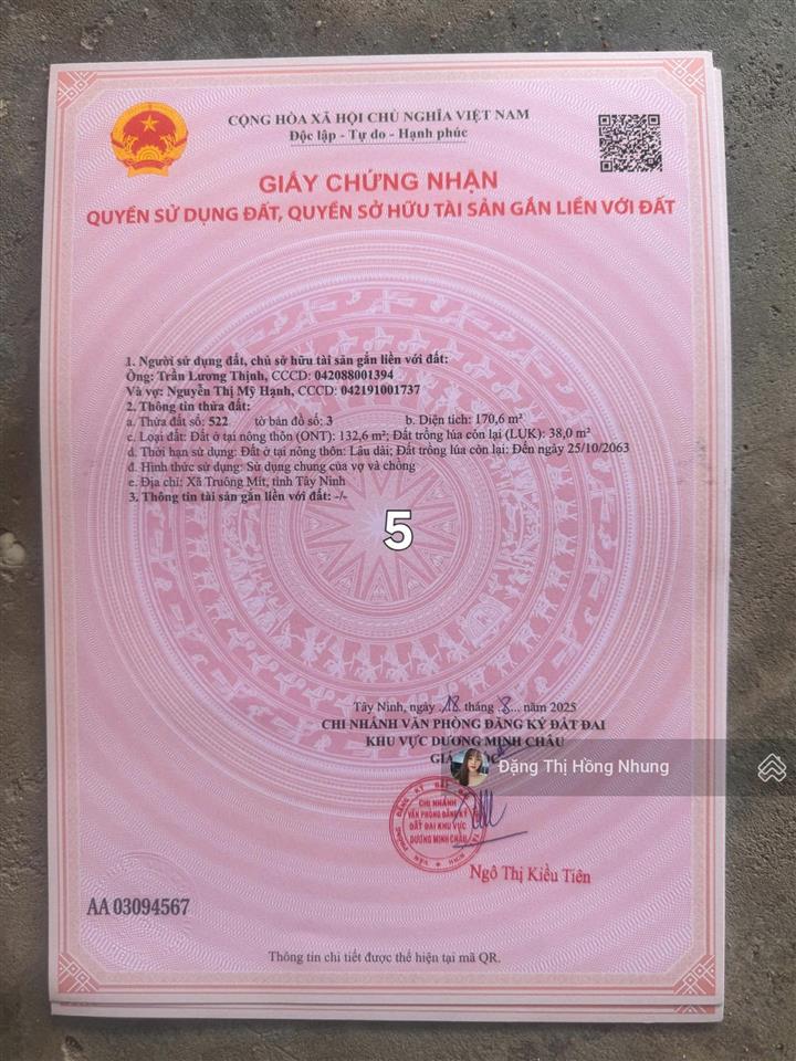 450tr, đường nhựa 6m thông truông mít, tây ninh, 5x34m thổ cư