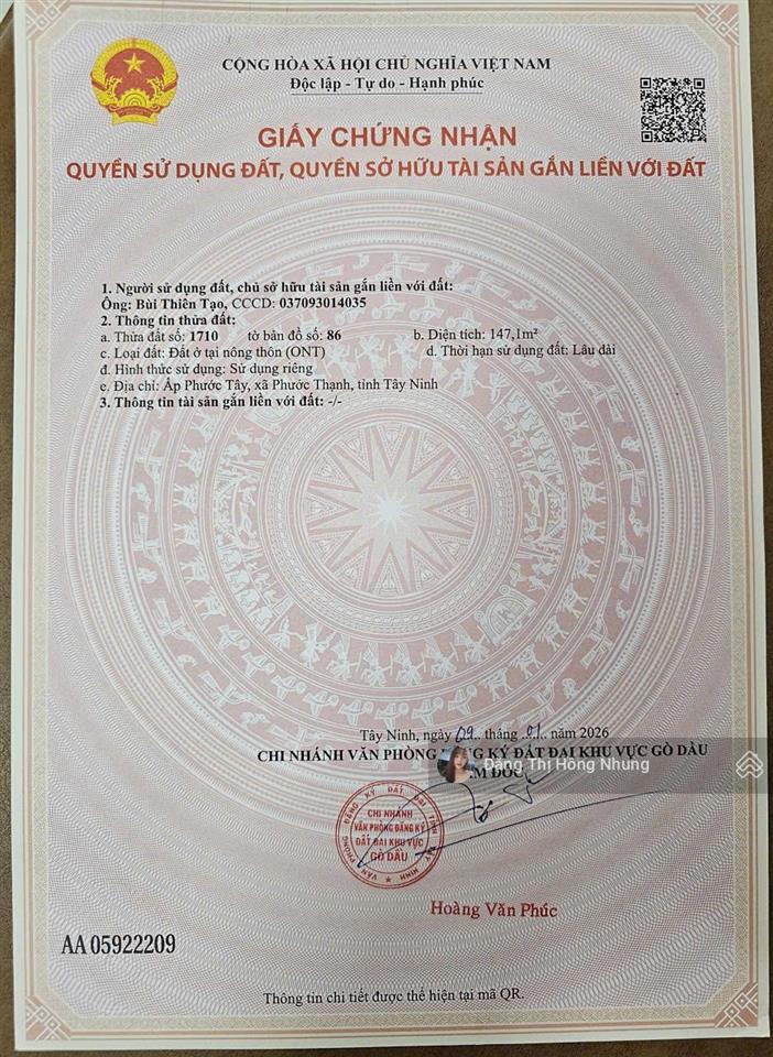 420tr  đường bê tông thông 5x29m full thổ, gần chợ phước thạnh, tây ninh