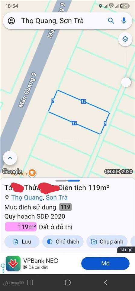 Bán đất mặt tiền mân quang 9, sơn trà view công viên ngang 7m sổ a4 vuông đẹp, khu quân đội an ninh