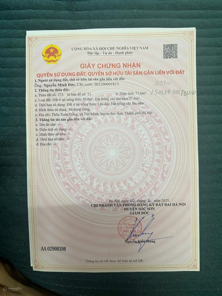 Chính chủ cần bán mảnh đất 77,6m2 xuân đồng  tân minh  sóc sơn giá nhú 20tr/m2