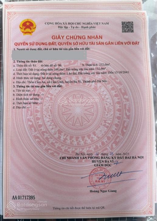 Chính chủ bán đất thôn cẩm an, xã cẩm lĩnh, ba vì, hà nội  232m2, thích hợp đầu tư dài hạn