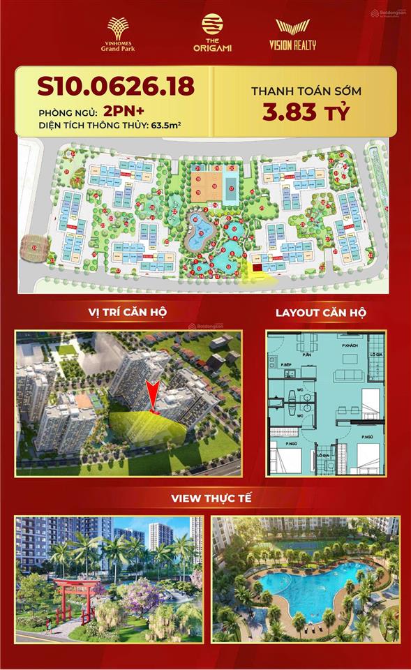 Chỉ 3,845 tỷ (đã vat & kpbt) 2pn+ 69m2 origami vinhomes grand park căn góc view hồ bơi nội khu