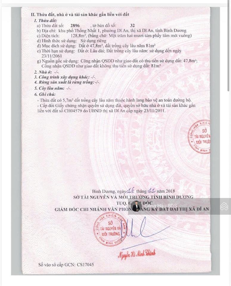 Lô đất mt chợ thống nhất, đ. phan đăng lưu, dĩ an. dt 128.8m2 (5.3x 24.5m). giá 6.1 tỷ tl