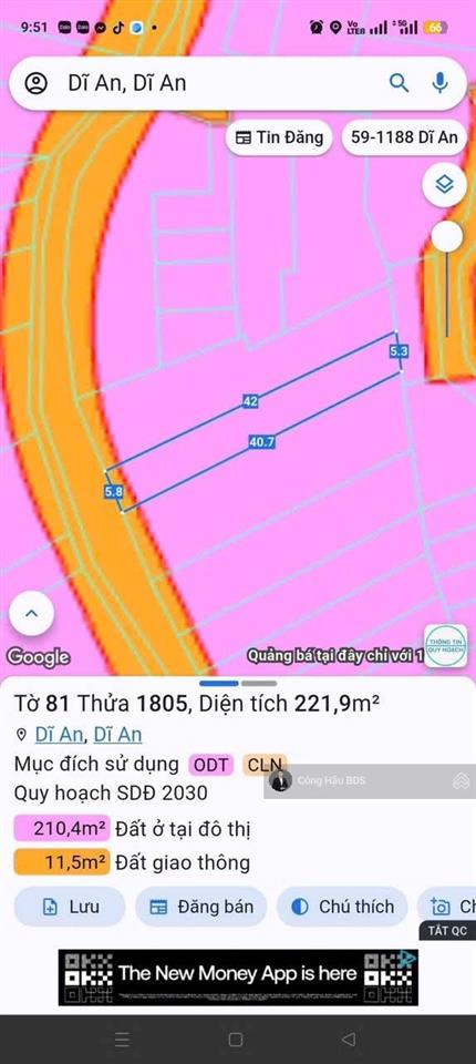 Đất xây căn hộ dịch vụ, nhà vườn. dt 222m2 (5.3x 42m). đường 6m. đường trần quốc toản. dĩ an