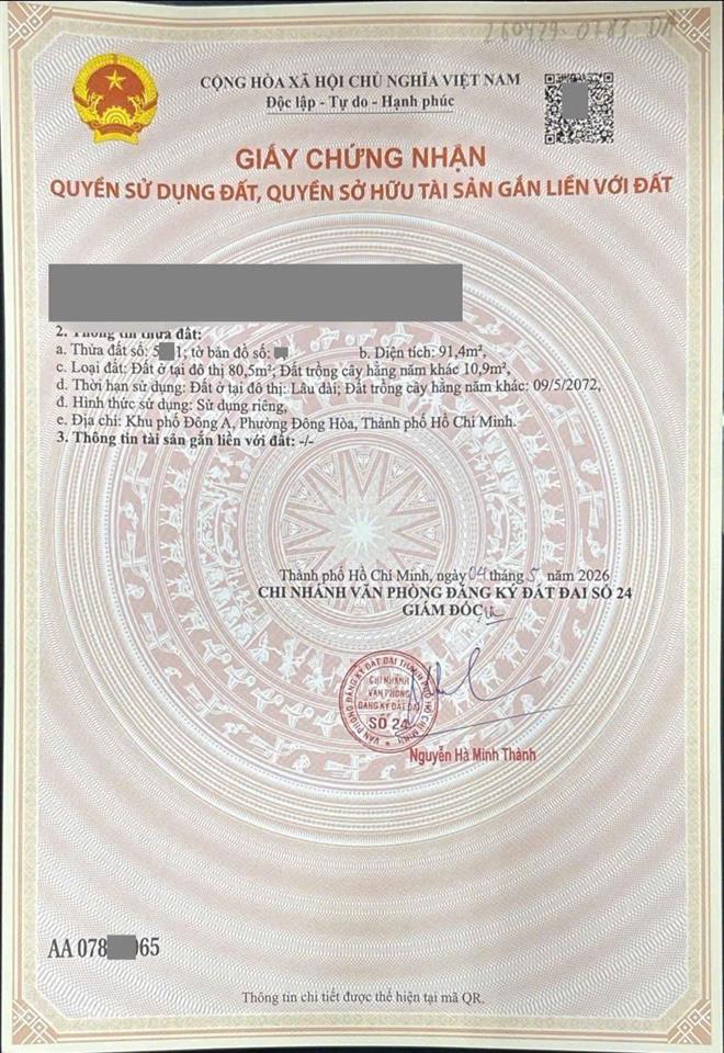 Đất mt huỳnh tấn phát, p. đông hòa. dt 91,4m2 (4x23m). đường 6m. cách tttm bigc go! 5p. giá 4,65