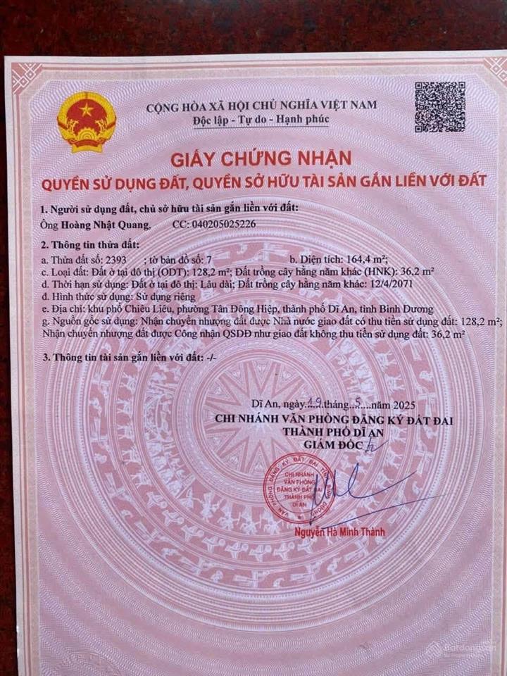 Lô đất đẹp gần chợ tân long, trung tâm dĩ an. dt 164.4m2. odt 128m2. đường thông 5m. giá 4.45 tỷ