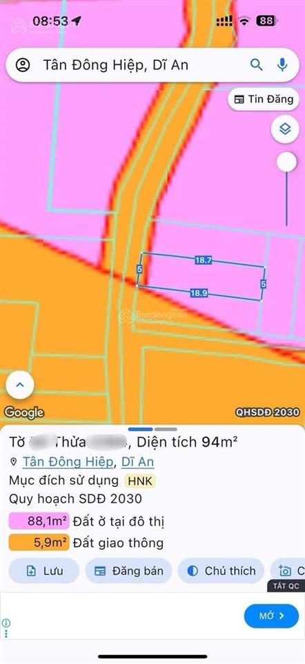 Đất mặt tiền trần thị xanh, p. tân đông hiệp. gần bệnh viện dĩ an. dt 93.9m2. ngang 5m. giá 3.25