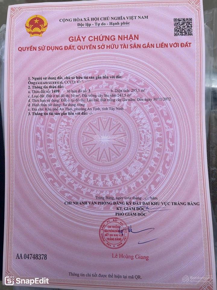 Bán gấp lô đất 295m2 có 50m2 đất odt ở 1 xẹt đường đặng văn trước  p. an tịnh trảng bàng