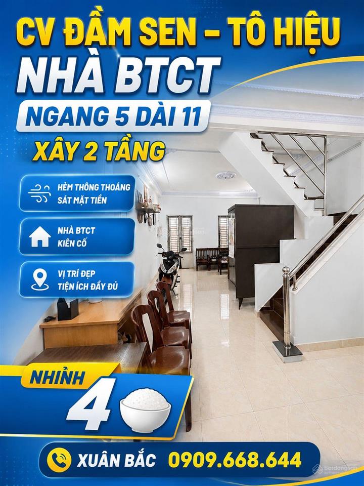 Thông số đẹp ngang 5 dài 11 xây 2 tâng btct hẻm thông thoáng giáp cv đam sen,
