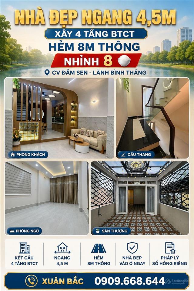 Cv đam sen  lãnh binh thang nhà đẹp 4 tâng hẻm 8m thông
