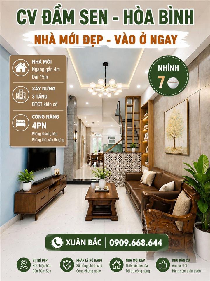 Cv đam sen  hòa bình nhà mới 3 tầng btct với 3pn (phb)
