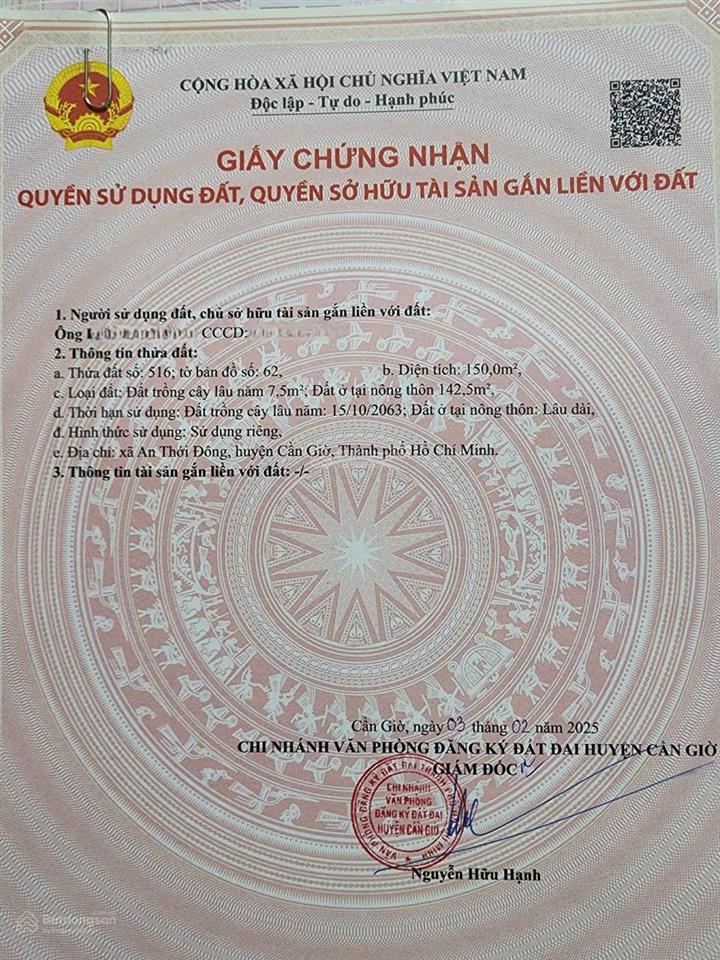 Bán đất tc tại xã an thới đông, huyện cần giờ, hồ chí minh 2,3 tỷ, 150m2