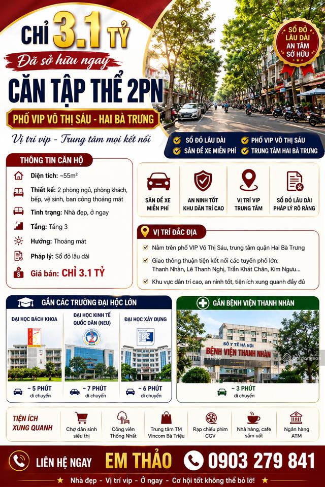 Chính chủ bán nhà tập thể võ thị sáu, thanh nhàn, hai bà trưng, 2 ngủ, sổ lâu dài, lô góc, có sân
