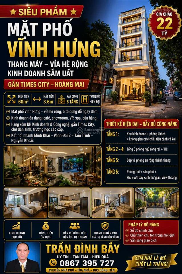 22 tỷ sở hữu ngay nhà mặt phố vĩnh hưng 60m2 thang máy kinh doanh đỉnh, gần times city
