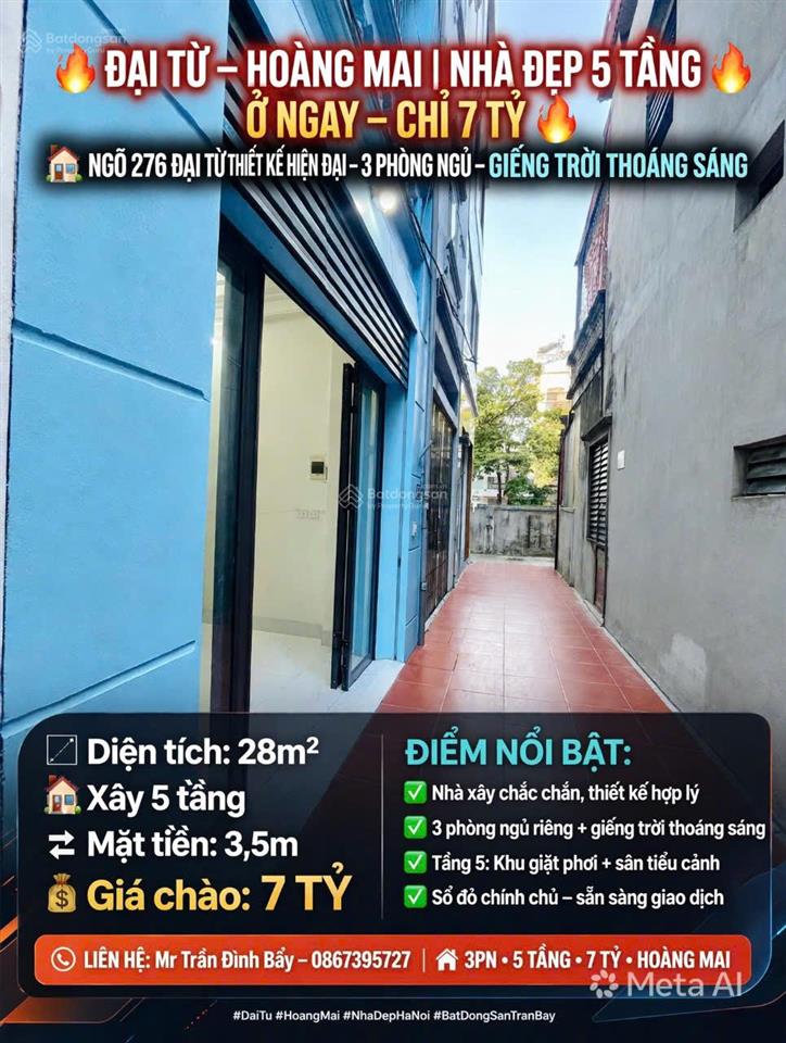 Bán nhà ngõ 276 đại từ, hoàng mai 28m 5 tầng mt 3,5m 3 phòng ngủ giá 7 tỷ