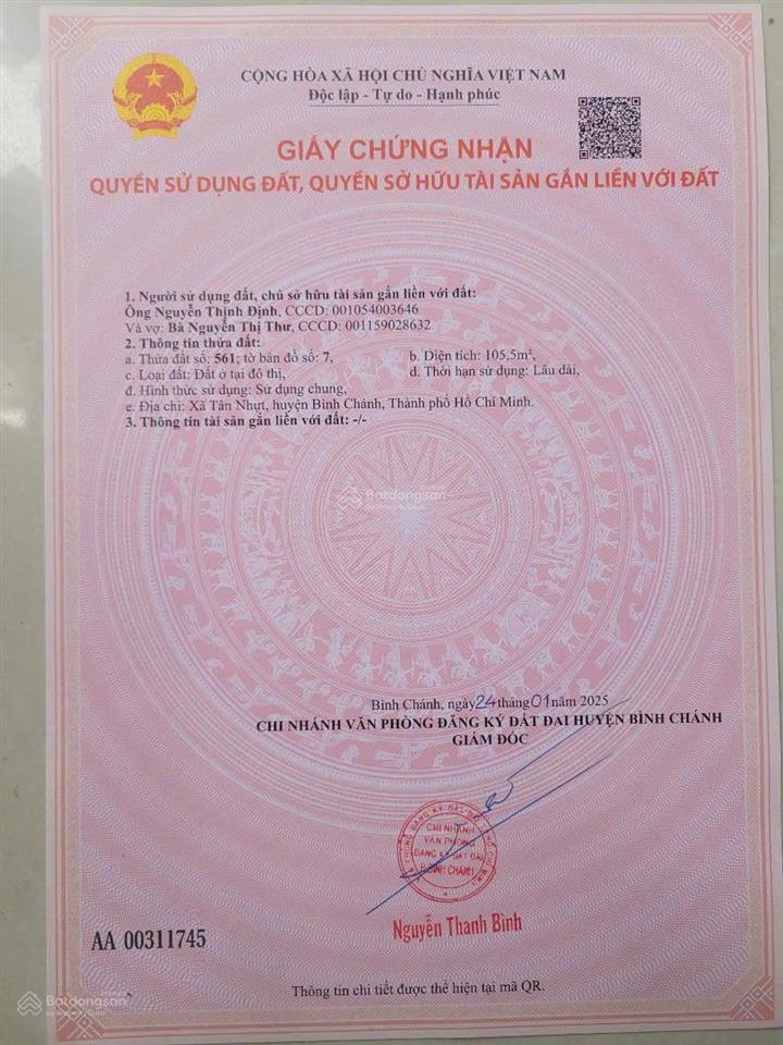 Bán gấp đất nền tại trần đại nghĩa, tân nhựt, bình chánh, 33,5 triệu / m2, 100 m2