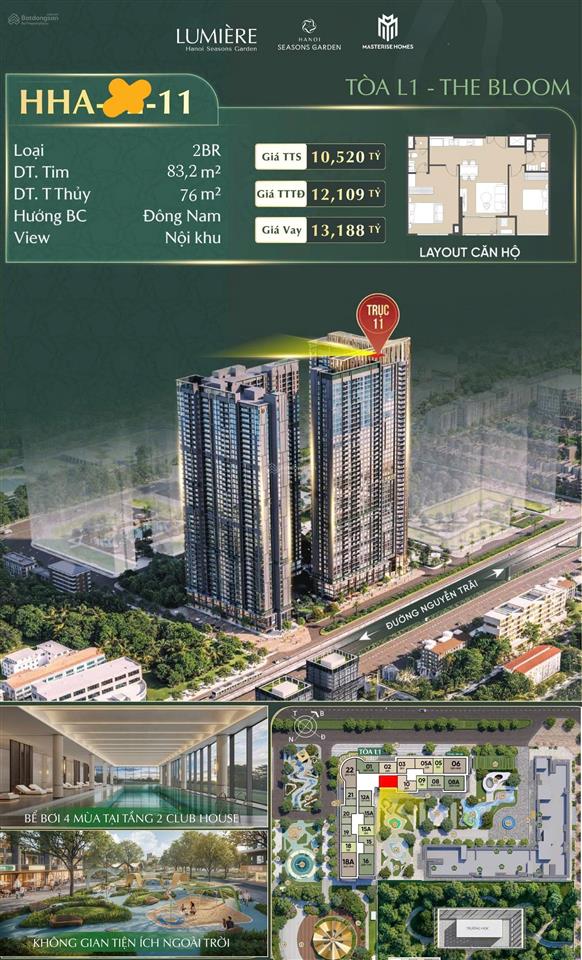 Căn hộ 2 ngủ 83,2m2 hơn 10 tỷ view đẹp giá rẻ nhất dự án cao xà lá (hanoi seasons garden) masteri