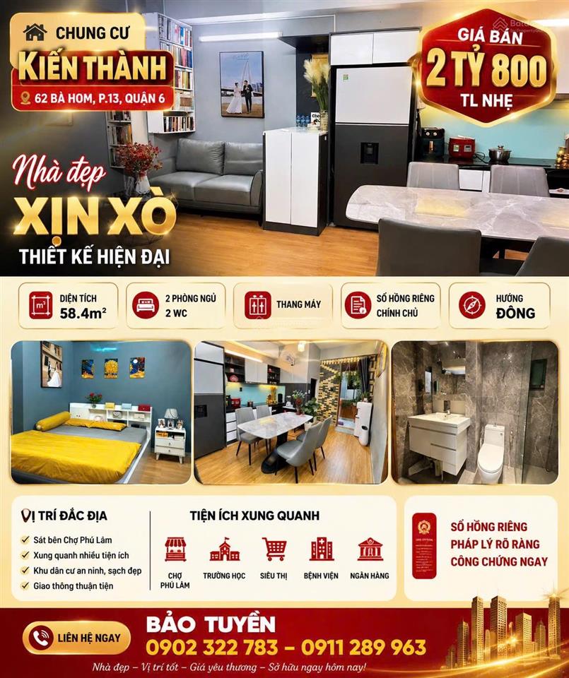 Chung cư kiến thành 62 bà hom, p. 13, quận 6. giá bán 2 tỷ 800 tl