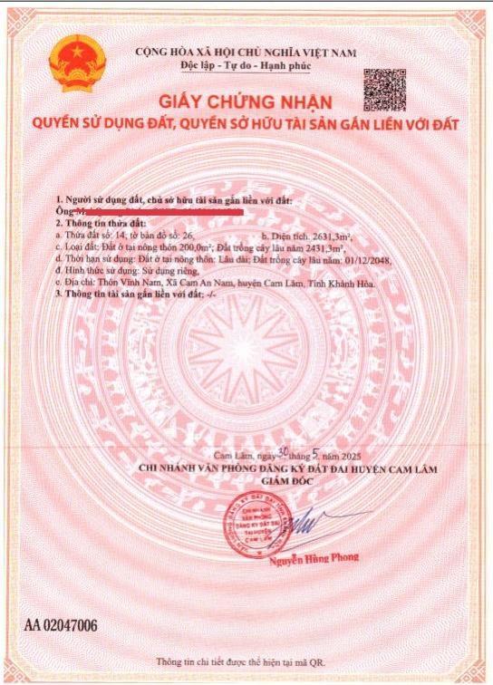 Cần bán 2631m2 full thổ cư giá 10 tr/m2 tại thôn vĩnh nam, xã cam an, tỉnh khánh hòa