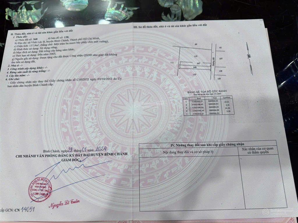 Bán đất xã tân vĩnh lộc bình chánh, 275m2, ngang 8 dài 34m không quy hoạch giá 3,85tỷ tl