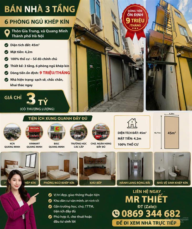 Bán nhà dòng tiền 10tr/tháng, dt 45m2, mt 4.2m, 3 tầng, 6 p. cho thuê, tiện ích đủ đầy (3 tỷ)