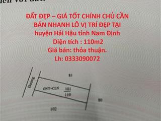 ĐẤT ĐẸP – GIÁ TỐT CHÍNH CHỦ CẦN BÁN NHANH LÔ VỊ TRÍ ĐẸP TẠI huyện Hải Hậu tỉnh Nam Định
