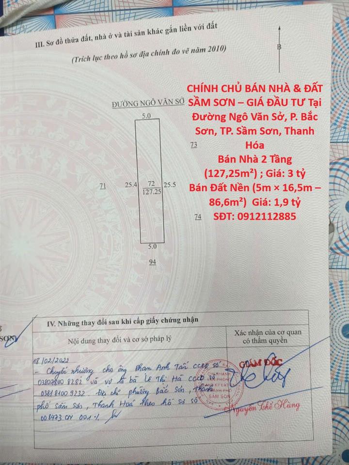 CHÍNH CHỦ BÁN NHÀ & ĐẤT SẦM SƠN – GIÁ ĐẦU TƯ Tại Đường Ngô Văn Sở, P. Bắc Sơn, TP. Sầm