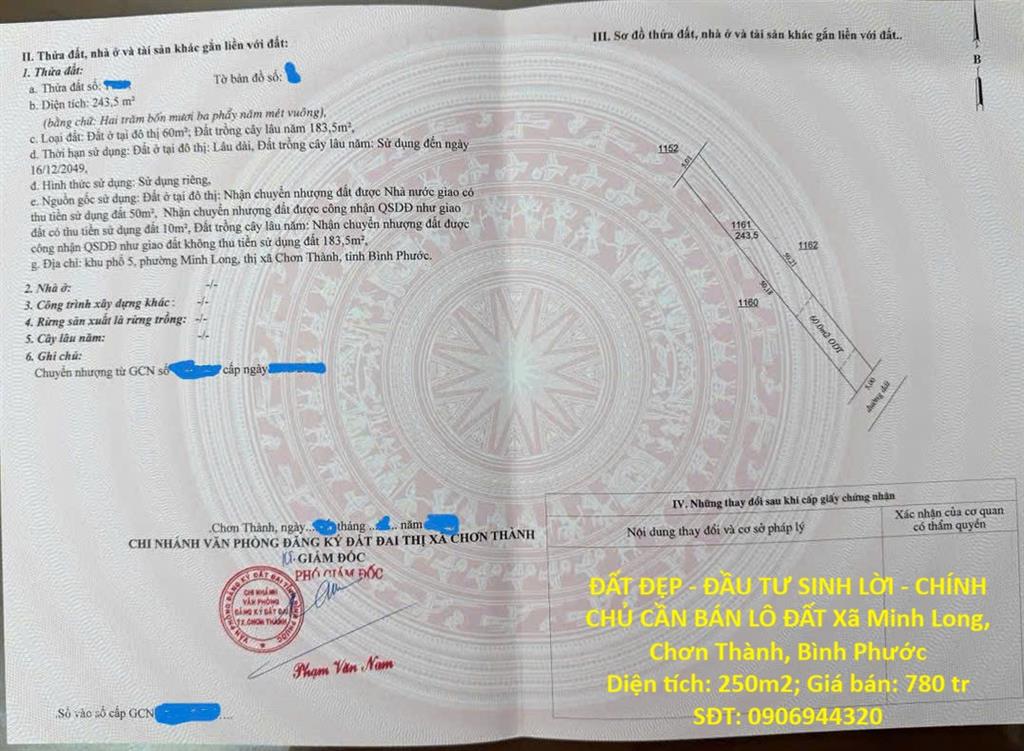 ĐẤT ĐẸP - ĐẦU TƯ SINH LỜI - CHÍNH CHỦ CẦN BÁN LÔ ĐẤT Xã Minh Long, Chơn Thành, Bình Phước