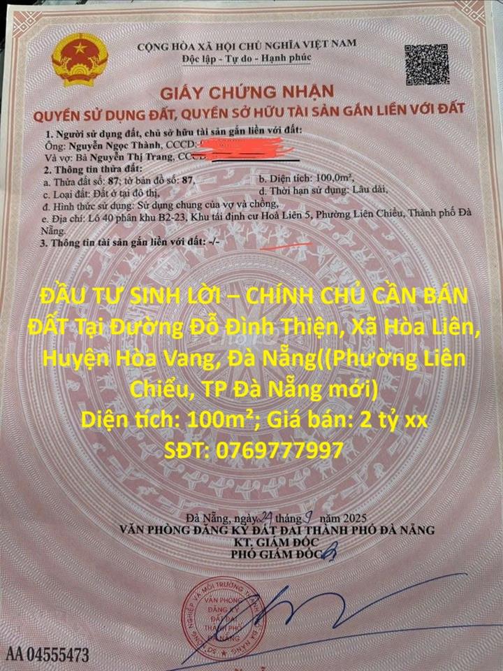 ĐẦU TƯ SINH LỜI – CHÍNH CHỦ CẦN BÁN ĐẤT Tại  Xã Hòa Liên, Huyện Hòa Vang, Đà Nẵng