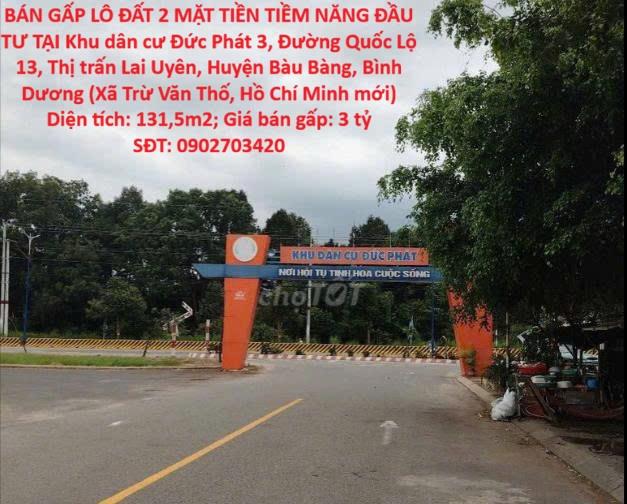 ĐẤT ĐẸP- GIÁ TỐT CHÍNH CHỦ BÁN GẤP LÔ ĐẤT 2 MẶT TIỀN TIỀM NĂNG ĐẦU TƯ TẠI  Bàu Bàng, Bình