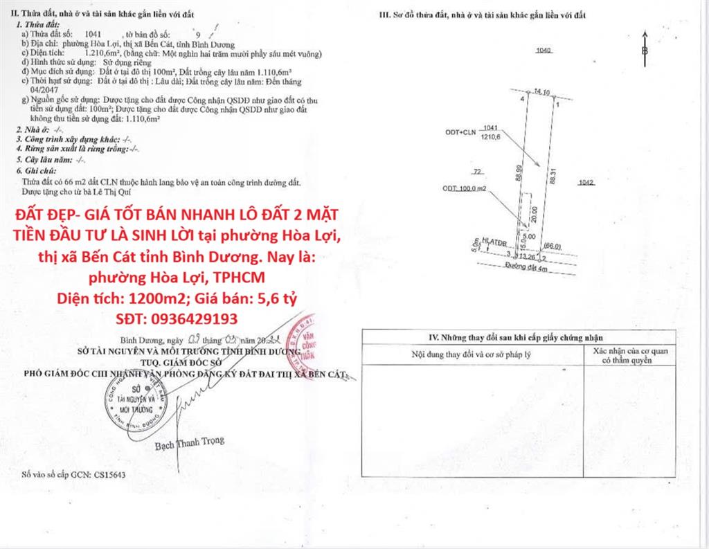 ĐẤT ĐẸP- GIÁ TỐT BÁN NHANH LÔ ĐẤT 2 MẶT TIỀN ĐẦU TƯ LÀ SINH LỜI tại Bến Cát, Bình Dương