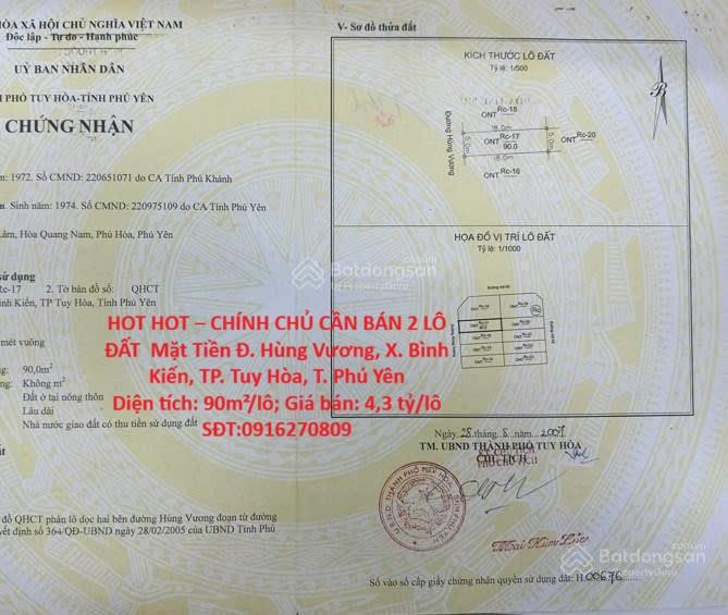 HOT HOT – CHÍNH CHỦ CẦN BÁN 2 LÔ ĐẤT  Mặt Tiền Đ. Hùng Vương, X. Bình Kiến, TP. Tuy Hòa,
