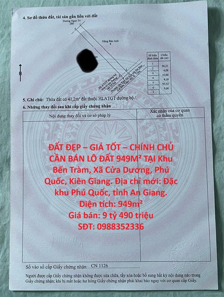 ĐẤT ĐẸP – GIÁ TỐT – CHÍNH CHỦ CẦN BÁN LÔ ĐẤT 949M² TẠI Khu Bến Tràm, Xã Cửa Dương, Phú