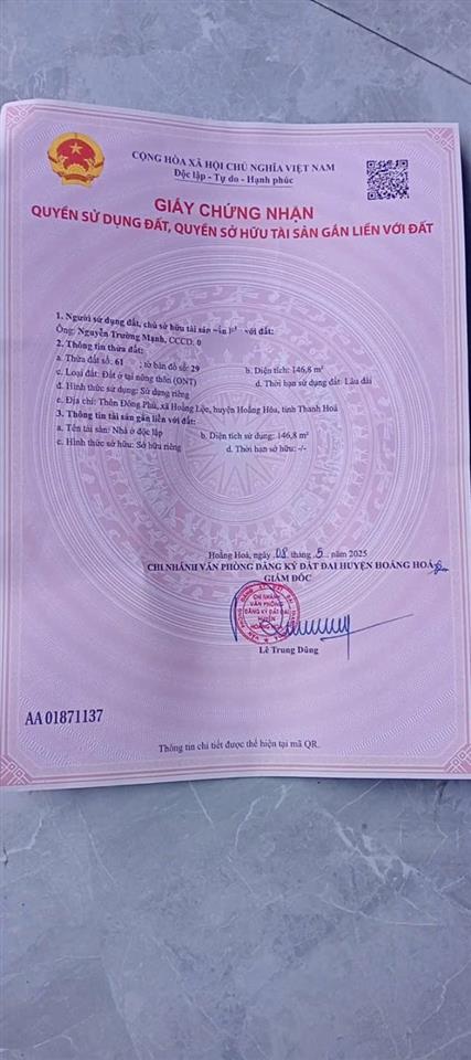 NHÀ ĐẸP – GIÁ TỐT – CẦN BÁN NHÀ 2 TẦNG 147M² TẠI Xã Hoằng Lộc, Hoằng Hóa,  Thanh Hóa