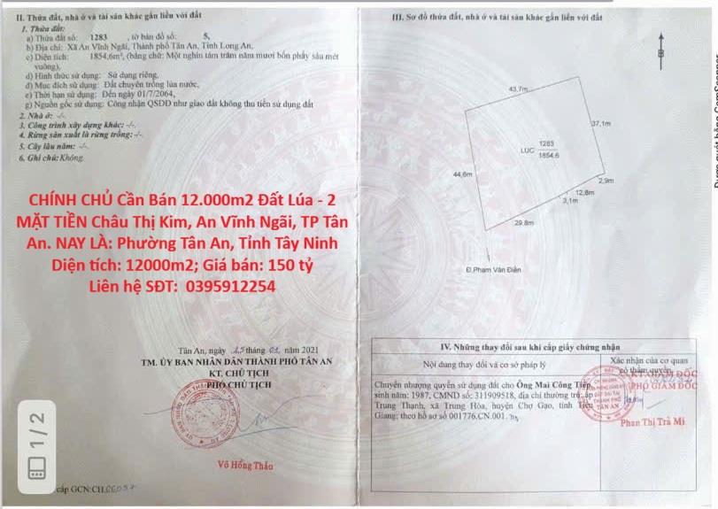 CHÍNH CHỦ Cần Bán 12.000m2 Đất Lúa - 2 MẶT TIỀN Châu Thị Kim, An Vĩnh Ngãi, TP Tân An