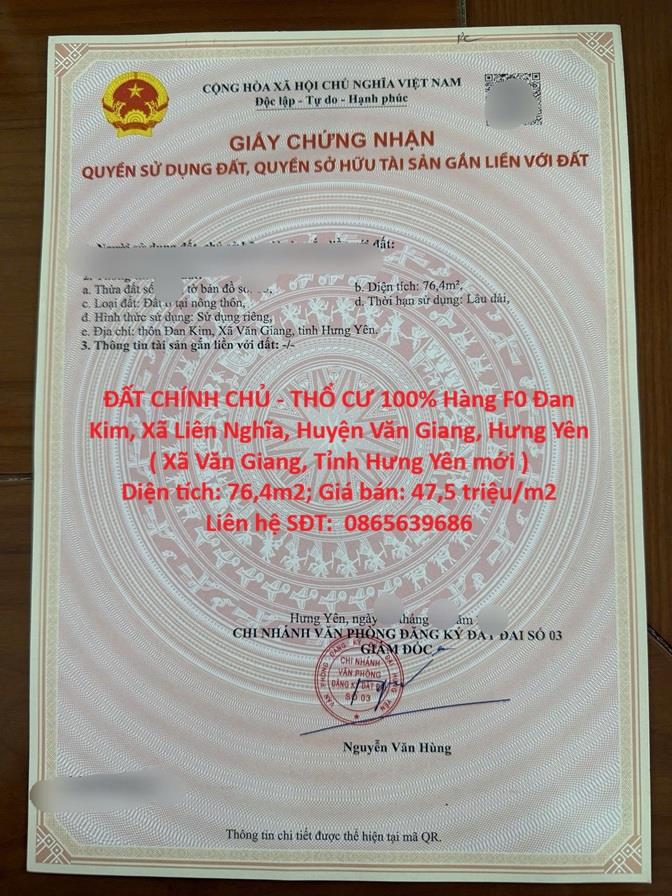 ĐẤT CHÍNH CHỦ - THỔ CƯ 100% Hàng F0 Đan Kim, Xã Liên Nghĩa, Huyện Văn Giang, Hưng Yên