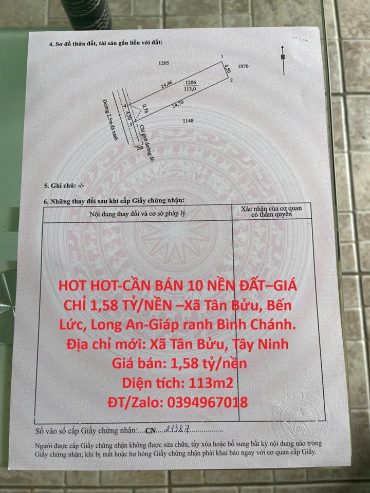 HOT HOT-CẦN BÁN 10 NỀN ĐẤT–GIÁ CHỈ 1,58 TỶ/NỀN –Xã Tân Bửu, Bến Lức, Long An-Giáp ranh