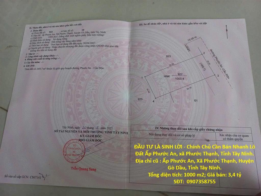 ĐẦU TƯ LÀ SINH LỜI - Chính Chủ Cần Bán Nhanh Lô Đất Ấp Phước An, xã Phước Thạnh, Tỉnh Tây