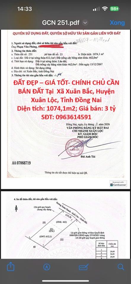ĐẤT ĐẸP – GIÁ TỐT- CHÍNH CHỦ CẦN BÁN ĐẤT Tại  Xã Xuân Bắc, Huyện Xuân Lộc, Tỉnh Đồng Nai