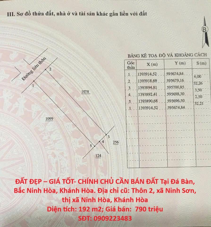 ĐẤT ĐẸP – GIÁ TỐT- CHÍNH CHỦ CẦN BÁN ĐẤT Tại Đá Bàn, Bắc Ninh Hòa, Khánh Hòa