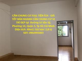 CĂN CHUNG CƯ FULL TIỆN ÍCH - GIÁ TỐT BÁN NHANH CĂN CHUNG CƯ VỊ TRÍ ĐẸP tại quận 3, TPHCM