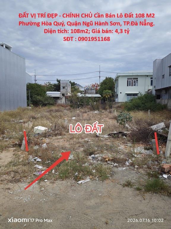 ĐẤT VỊ TRÍ ĐẸP - CHÍNH CHỦ Cần Bán Lô Đất 108 M2 Phường Hòa Quý, Quận Ngũ Hành Sơn, TP.Đà