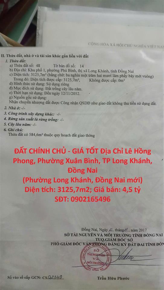ĐẤT CHÍNH CHỦ - GIÁ TỐT Địa Chỉ Lê Hồng Phong, Phường Xuân Bình, TP Long Khánh, Đồng Nai
