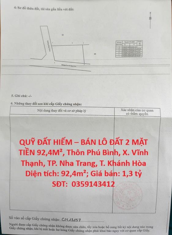 QUỸ ĐẤT HIẾM – BÁN LÔ ĐẤT 2 MẶT TIỀN 92,4M², Thôn Phú Bình, X. Vĩnh Thạnh, TP. Nha Trang,
