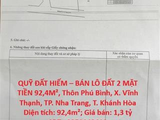 QUỸ ĐẤT HIẾM – BÁN LÔ ĐẤT 2 MẶT TIỀN 92,4M², Thôn Phú Bình, X. Vĩnh Thạnh, TP. Nha Trang,