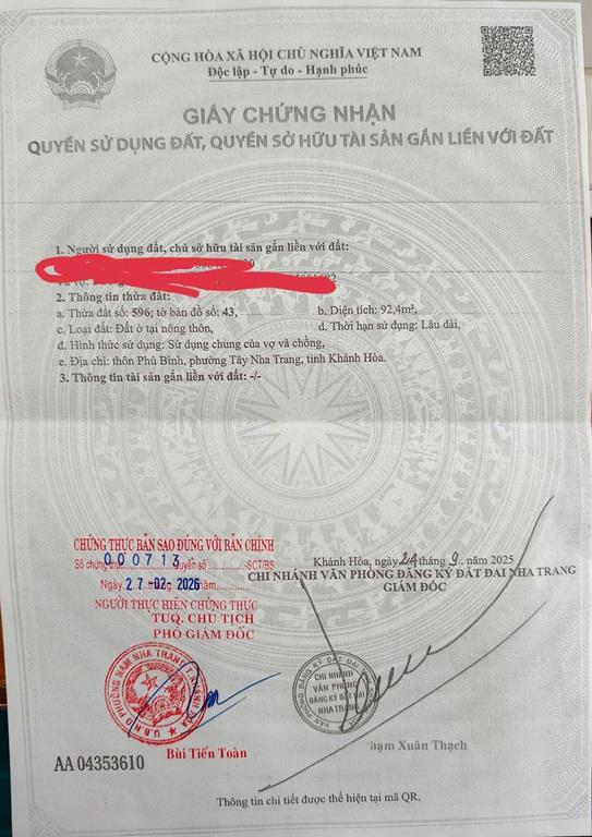 QUỸ ĐẤT HIẾM – BÁN LÔ ĐẤT 2 MẶT TIỀN 92,4M², Thôn Phú Bình, X. Vĩnh Thạnh, TP. Nha Trang,