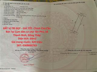 ĐẤT VỊ TRÍ ĐẸP - GIÁ TỐT- Chính Chủ Cần Bán Tại Cụm dân cư chợ Tân Phú, xã Thanh Bình,