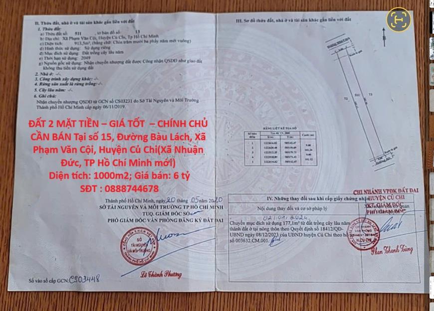 ĐẤT 2 MẶT TIỀN – GIÁ TỐT  – CHÍNH CHỦ CẦN BÁN Tại số 15, Đường Bàu Lách, Xã Phạm Văn Cội,
